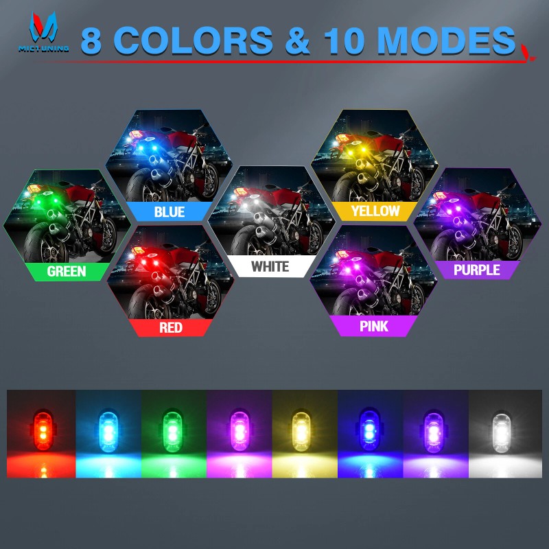 MICTUNING RGB LED Strobe Lights 8pc Flash Emergency Signal Light