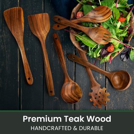 Premium Teak Wood Kitchen Utensil Set, Elegant 7-Piece Cooking Set - Handcrafted, Sturdy, Lightweight, Durable, & Heat Resistant Cooking Tools