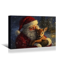 Christmas Canvas Murals Horse Drawn Sleds Santa Claus Christmas Trees Rural Style Home Decor Hanging Paintings Decorationscolor: Brown, size: 48*32in