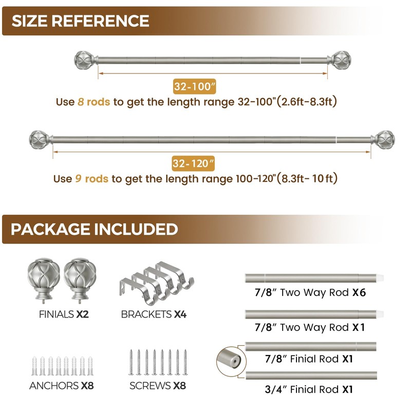 KAMANINA Curtain Rods for Windows 66 to 120 Inch, 7/8