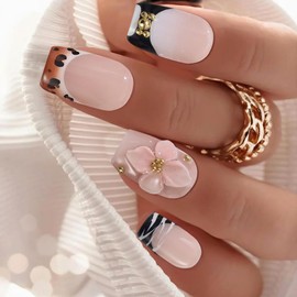 ADAIER Uñas Postizas Hechas A Mano, Uñas Francesas, Para Boda, Fiesta, Juego De Uñas Cortas Tipo Ataúd, Uñas Opacas Reutilizables En Kit De 10 Para Mujer (Z-03) (T12, L)