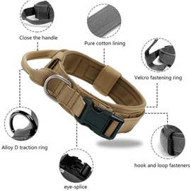 TopPetPro Tactical [Khaki] Dog Collar with Handle and Metal Buckle -1.5 inch Wide Heavy Duty Collar with Control Handle for Training, Service and Military Dogs (Medium)