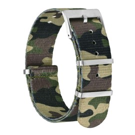 BISONSTRAP Nylon Watch Bands for Men, One-Piece Military Watch Straps, 20mm, Camo Green (Silver Buckle)