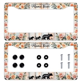 2PCS Mama Bear License Plate Frame Baby Bear Cub Floral Flower Wood Grain License Plate Personalise Stainless Steel Funny Design Compatible with Standard License Plate Holder 12.3" x 6.3"