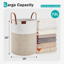 Cotton Rope Laundry Hamper by YOUDENOVA, 72L - Woven Collapsible Laundry Basket - Clothes Storage Basket for Blankets, Laundry Room Organizing, Bedroom Storage, Clothes Hamper – White & Brown