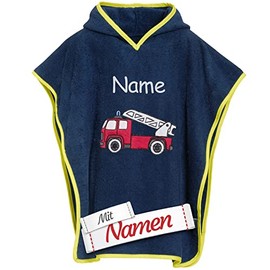Bade Feuerwehr Poncho bestickt mit Namen für Baby & Kinder, Jungen, Badetuch, Badeponcho, Kapuzenbadetuch, 100% Baumwolle