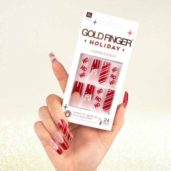 Gold Finger 24 Pcs Holiday Press On Nails – Christmas French Tip Square Coffin Oval Fake Nails, Long-Lasting Glossy Glitter Winter Seasonal Snow Flake X-mas Glue On Nails (SANTA'S HO HO HO)