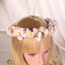 Flower Crown for Women, Floral Headband Women Headpiece Flower Hair Accessories for Weeding Bride Cosplay Party Festival Photos (Purple Yellow Daisy, Adjustable)