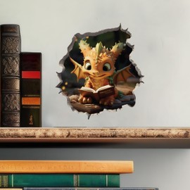 Dragon Reading in Wall Hole Decal - Mouse Hole Wall Sticker with 3D Effect
