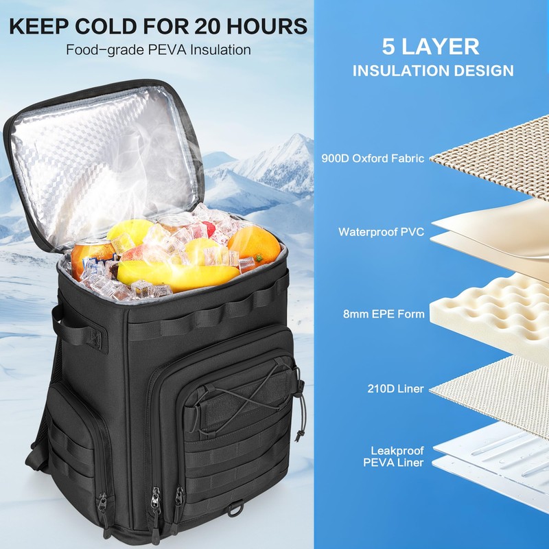 Hafmall Tactical Insulated Cooler Backpack, Leakproof, Waterproof, Black