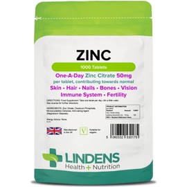 Lindens Zinc Citrate 50mg Tablets - 1000 Pack - High Strength 150% Nrv Dose Contributing Towards Normal Skin, Hair, Nails, Bones, Vision, Immune System and Fertility