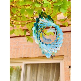 Dundee Deco W2344 Wind Spinner in Gift Box - 3D Hanging Indoor Outdoor Yard Garden Decoration - Mandala - Dolphins - Teal, Blue - 12 inch - Unique Gift Idea for Men Women, Souvenir, Present
