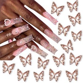 RODAKY 50Pcs Butterfly Nail Art Charms Shiny 3D Alloy Butterflies Shape Nail Rhinestone Gems Nails Art Accessories for Women Nail Decoration DIY Design Nail Gem Crystals Jewelry (Rose Gold)