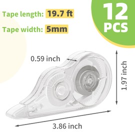 JEFURE 12 Pcs 236 In White Out Correction Tape, Whiteout Tape Roller, Tear-Resistant Tape, White Out Tape Bulk for School, Office, Note Taking, Journal (Tape Width 0.2 In, Clear)