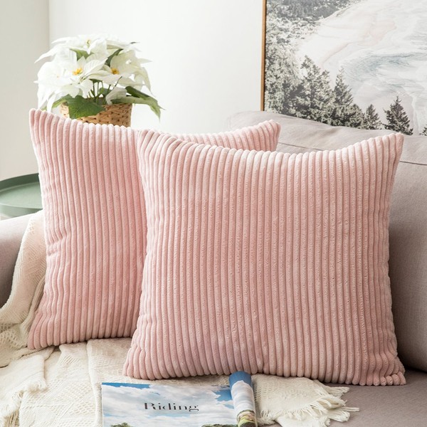 MIULEE Pack of 2, Corduroy Soft Soild Decorative Square Throw Pillow Covers Set Cushion Cases Pillowcases for Sofa Bedroom Car 18 x 18 Inch 45 x 45 cm, Pink