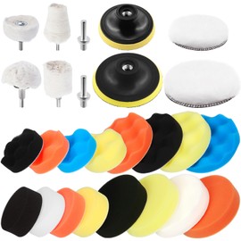 Glarks 26Pcs 3inch 5inch Car Foam Drill Polishing Pad Kit, Including Sponge Polishing Pads, Wool Buffing Pads and Polishing Buffing Wheels with Drill Adapter Suction Cups Attachment