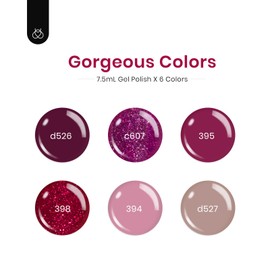 beetles Burgundy Red Gel Polish Set - 6 Colors Dark Cherry Wine Red Nail Polish Purple Glitter Gel Nail Kit U V LED Soak Off Home DIY Manicure Nail Salon Gifs for Women