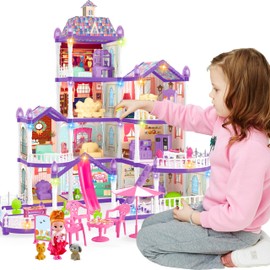 Doll House for Girls,10 Rooms Purple House Toy with Dolls Figure, Puppies,Furnitures, Accessories, Kids Playhouse Gift for for 3 4 5 6 7 8 9 10 Year Old