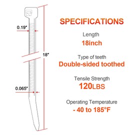 18 Inch Zip Ties Double Sided Toothed,120 LBS Tensile Strength Heavy Duty Cable Wire Ties With Self-Locking Adjustable More Durable Nylon Tie Wraps for Indoor Outdoor White（100 Pack）
