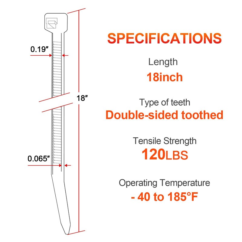 18 Inch Zip Ties Double Sided Toothed,120 LBS Tensile Strength