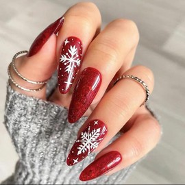 Christmas Press on Nails Red Fake Nails Snowflake with Glitter Design Medium Almond False Nails Acrylic Full Cover Nails Glossy Adhesive Tabs Stick on Nails for Women Girls Manicure Art 24Pcs