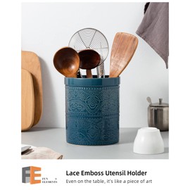 Fun Elements Kitchen Utensil Holder, 7.2" Super Large Utensil Crock Heavy and Stable Lace Emboss Ceramic Utensil Holder for Kitchen Counter (Grayish Blue)