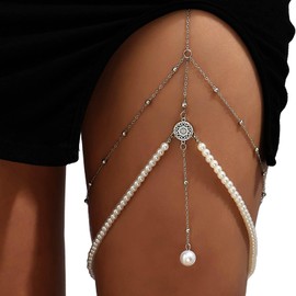 Atentuyi Layered Leg Chain Silver Pearl Thigh Chain Bead Thigh Leg Chain Elastic Harness Beaded Body Chain Summer Beach Bikini Boho Leg Jewelry Accessories for Women and Girls