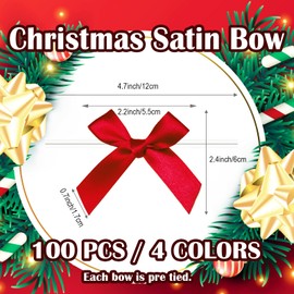 Twist Tie Bows Christmas, 100 Pcs Satin Bows for Christmas Treat Bags Candy Bags Bakery Tying Up Packages, Christmas Bows Ribbon Bows Pre-Tied Bow for Gift Wrapping Packaging Decoration (4 Colors)