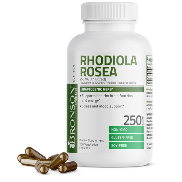 Bronson Rhodiola Rosea Vegetarian Capsules - Adaptogenic Herb - Brain, Stress & Mood Support - Non-GMO, 250 Count