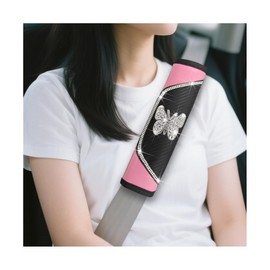 Zpana Bling Car Seat Belt Cover, 2PCS Carbon Fiber Crystal Rhinestone Butterfly Vehicle Seat Belt Strap Shoulder Pad, Comfortable Automotive Neck Shoulder Mat Cushion, Universal Fit (Pink)
