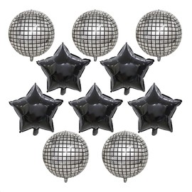 FBQ 10 Pcs Silver Disco 4D Balloons Black Star Balloons 18 Inch for 70s 80s 90s Birthday Disco Party Queen Party Decorations Supplies
