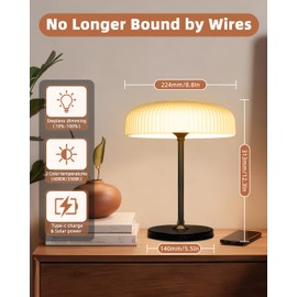 Cordless Table Lamp: Portable Rechargeable Waterproof Lamp for Shower Bathroom Kitchen Counter Outdoor Patio - Aesthetic Mushroom Design, Gifts for Women Mom, Battery Operated, USB & Solar Powered