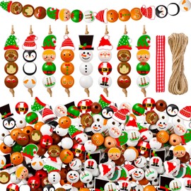 Cinnvoice 240 Pcs Christmas Wood Beads with Twine Santa Gingerbread Man Elf Penguin Snowman Wooden Beads Garland Christmas DIY Crafts Round Beads for Xmas Winter Party Farmhouse Home Decor