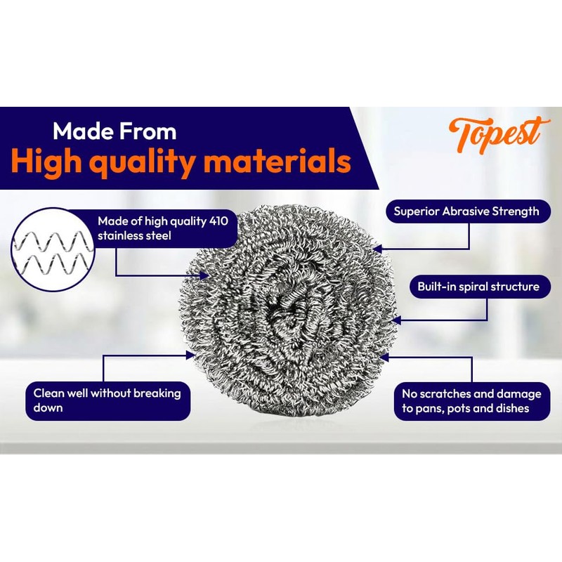 Topest Stainless Steel Scourer |12 Pack | Dish Washing Up