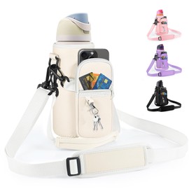 Icesip Water Bottle Holder Bag with Detachable Phone Pocket for Owala FreeSip 32oz with Strap Pocket for Owala Accessories 32oz Water Bottle Sleeve for Walking Camping Gym Off White