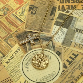 MUNORIAY Cross Pendant Double Necklace: Religious Gothic Diamond Cross & Textured Coin Style Necklace Christian Jewelry for Men Women Confirmation Baptism Gift