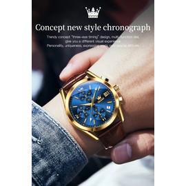 OLEVS Men's Chronograph Quartz Watches, Luminous Watches for Men, Fashion, Leisure, 2872-leather strap coffee colour dial, Fashion, leisure, sports