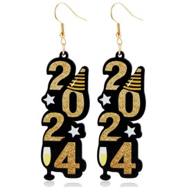 Wendalern 2024 Number Dangle Earrings Cute 2024 Digital New Year Earrings Faux Leather Number Drop Earrings Vintage Geometric Rectangle Hook Earrings Jewellery for Women and Girls, Faux Leather, No