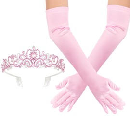 Tiara Queen Crown and Long Satin Gloves for Women Pink Elbow Length Gloves Princess Crown Opera Gloves Quinceanera Crown Rhinestone Wedding Tiaras for Bride Crown Accessories for Prom