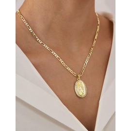 Kyhvoux San Judas Tadeo Necklace for Women, 14K Gold Plated Copper Cubic Zirconia St. Jude Charm Pendant, Mother's Day Saint Jude Religious Christian Catholic Gifts with Jewelry Box Figaro Chain, Gold