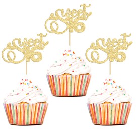 24 piezas de decoración para magdalenas Happy Sweet 16 con purpurina, 16 años, 16 años, decoraciones para magdalenas de 16 años, suministros de decoración para tartas de 16 cumpleaños y aniversario, color dorado