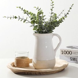 White Ceramic Vase with 10Pcs Artificial Eucalyptus Leaves, 7.5" Vase with Handle Vases Home Decor Rustic Farmhouse Decor Vase Pottery Vase Boho Decorative Vase Room Decor Table Decor