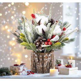 ilauke Mini Christmas Tree, Mini Potted Artificial Tabletop Christmas Tree with Pine Cones, Cottons and Red Berries Ornaments, Miniture Snowing Pine trees with Wooden Bases for Xmas Home Decor