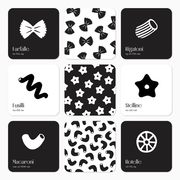 BlueMilk Pasta for Baby High Contrast Cards Sensory Toy Learning Activity Large Black and White Flash Cards Newborn Tummy Time Play 0+ Months Infant Essentials Curious Baby Activity Cards Gift Set