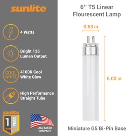 Sunlite 6-Inch F4T5/CW T5 Linear Fluorescent Lamp, 4 Watts, 135 Lumens, 4100K Cool White, Miniature G5 Bi-Pin Base, ROHS Compliant, High Performance Straight Tube, 10 Pack