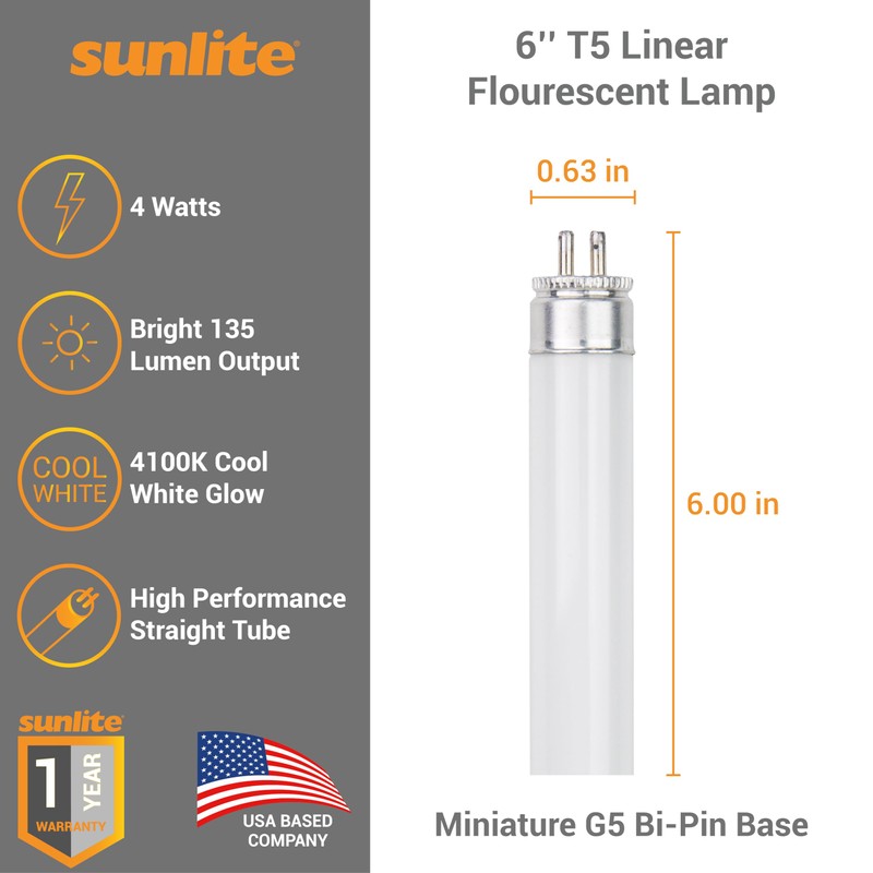 Sunlite 6-Inch F4T5/CW T5 Linear Fluorescent Lamp, 4 Watts, 135