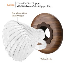 Lalord Pour Over Coffee Dripper with 100 pcs of Size 02 Paper Filter, Borosilicate Glass & Walnut Collar, Drip Coffee Maker, 1-3 Cups, Clear (Coffee Dripper)