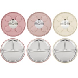 PandaEar 3 Pack Stainless Steel Baby Suction Plates, Divided Toddler Plate for Baby Led Weaning Supplies, Non-Slip Toddler Baby Feeding Set Dishwasher Safe (Pink/Linen/Light Pink)
