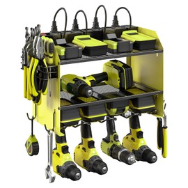 CCCEI Modular Power Tool Organizer Wall Mount with Charging Station. Garage Drill Storage Shelf with Hooks, Heavy Duty Rack, Tool Battery Holder Built in 8 Outlet. Gift for Men. Green, 2 Pack.