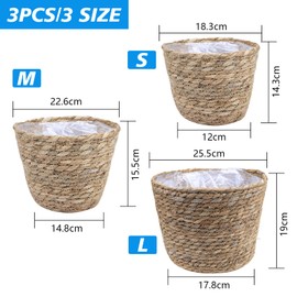 JNRFTY Set of 3 Plant Baskets, Flower Baskets, Woven Old Seagrass Baskets, Hand-Woven Planters, Flower Pot, Plant Basket